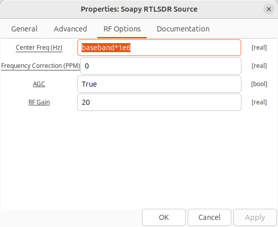Soapy RTLSDR Source properties window, on RF Options tab. Center Freq (Hz) field is highlighted and has been set to baseband*1e6, and AGC has been changed to True. All other fields are default."