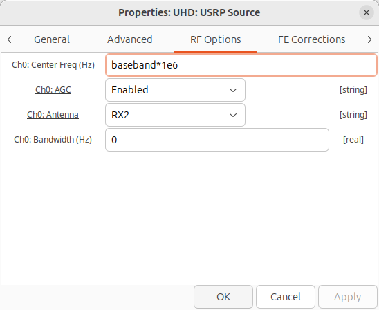 UHD: USRP Source properties window, on RF Options tab. Ch0: Center Freq (Hz) has been set to baseband*1e6 and Ch0: AGC has been set to Enabled