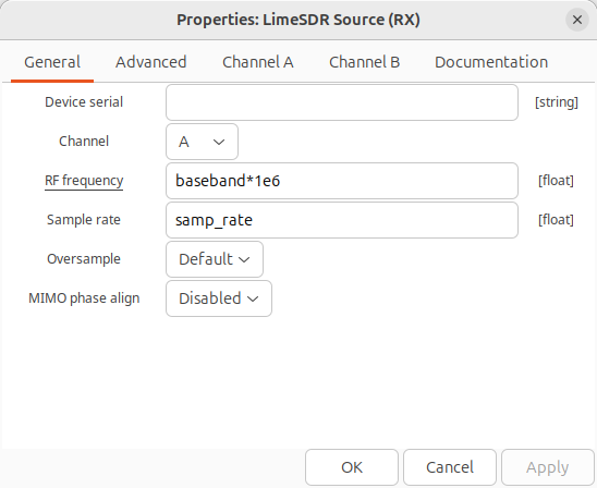 Image displaying LimeSDR Source (RX) properties window, on general tab. RF frequency has been set to baseband*1e6, Sample rate has been set to samp_rate, and all other fields are left as defaults.