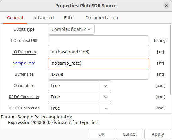 PlutoSDR Source properties window, on General tab. LO Frequency has been set to int(baseband*1e6) and Sample Rate is set to int(samp_rate). All other fields are default.